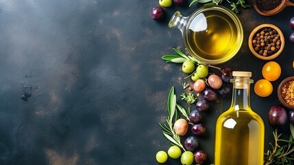 fresh olives and olive oil with copy space 
