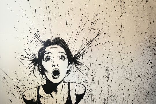 illustration d'une femme en pointillisme, qui est surprise et ouvre grand les yeux et la bouche. La femme porte des couettes. Dessin &agrave; l'encre noire.