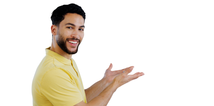 Portrait, man or happy with advertising presentation for information, deal or news about us for creative company. Smile, indian person or show with hand gesture isolated on png transparent background