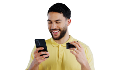 Credit card, happy and man with phone for online shopping, internet purchase and payment bonus. Ecommerce, excited and person on smartphone banking app on isolated, png and transparent background