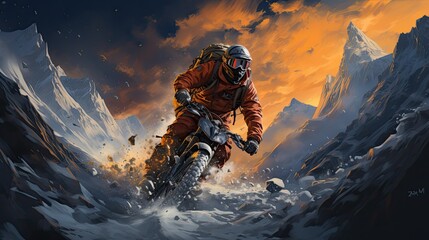 Illustration extreme sports and outdoor adventure  with dynamic angles, expressive characters.