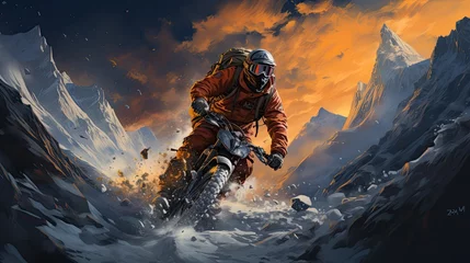 Tuinposter Illustration extreme sports and outdoor adventure  with dynamic angles, expressive characters. © Xabrina