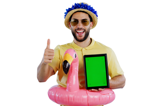 Happy man, portrait and tablet with green screen, thumbs up and floaty on a transparent PNG background. Excited male person with smile, like emoji or yes sign on technology with chromakey display