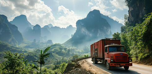 Cargo Truck Journey Through Vietnam: Scenic Photo
 - obrazy, fototapety, plakaty