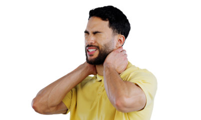 Anxiety, stress or frustration and neck pain man isolated on transparent background with fatigue. Burnout, depression and mental health with tired young person on PNG for reaction, mistake or fail