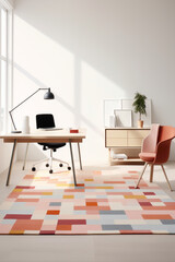 A mockup of a modern office space with a minimalist desk, a colorful geometric rug on the floor, and a simple, stylish chair.