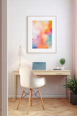 A mockup of a modern office space with a minimalist desk, a colorful abstract art print on the wall, and a simple, comfortable chair.