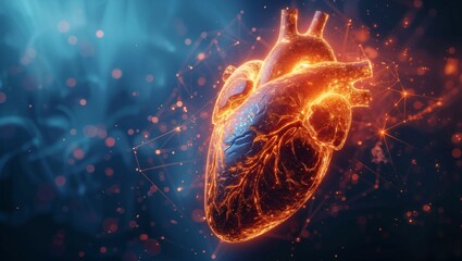 A digital reality hologram of a human heart glowing with digital networks lines