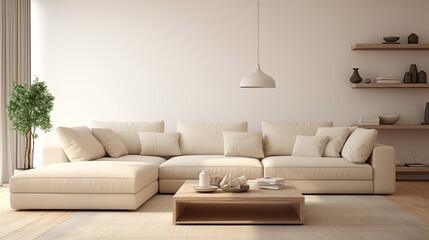 Rustic interior design of modern living room with beige fabric sofa and cushions.