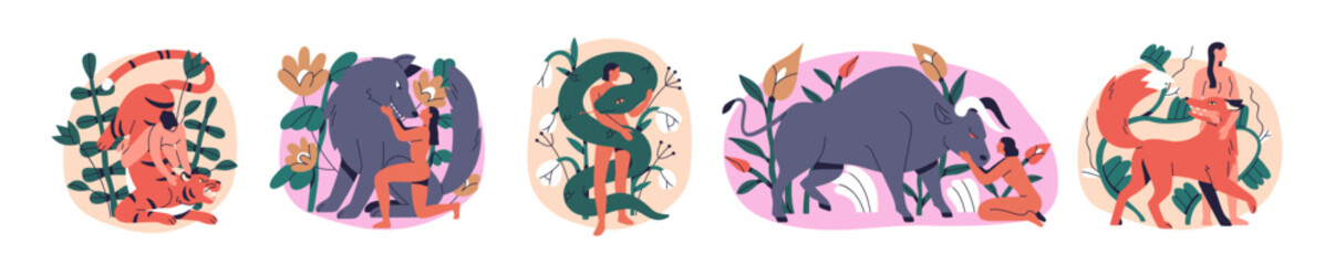 Animal and woman in wild nature set. Girl taming inner beast, psychology shadow concept. Love, friendship between human and wildlife. Flat graphic vector illustrations isolated on white background