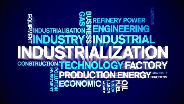 industrialization animated tag word cloud;text design animation kinetic typography seamless loop.