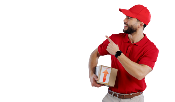 Happy man, pointing and delivery with box for advertising or marketing in logistics on a transparent PNG background. Young male person or courier guy with smile, hat and showing deal, list or service