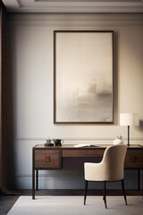 An elegant office setting embracing simplicity, featuring a solitary blank white frame against a backdrop of sophisticated, muted tones, emanating refinement.