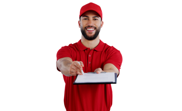 Happy man, portrait and signature with clipboard for delivery, checklist or online order on a transparent PNG background. Male person or courier guy handing paperwork or document for shipping service - Powered by Adobe