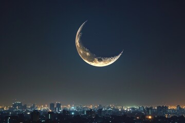 Obraz na płótnie Canvas Big crescent moon seen over the illuminated arabian city during the Eid celebration in ramadan