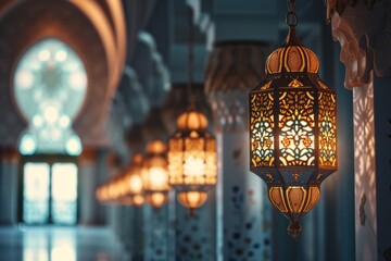 Columns and lantern lights inside mosque building. Arabic arquitecture and ramadan concept