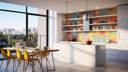 A minimalist kitchen with floor-to-ceiling windows, a white subway tile backsplash, and a colorful mosaic accent wall.