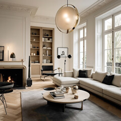 An elegant Scandinavian living room with a blend of contemporary and traditional elements, highlighted by a statement lighting fixture and refined furnishings.