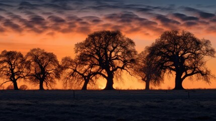 Silhouette of an oak tree at sunset