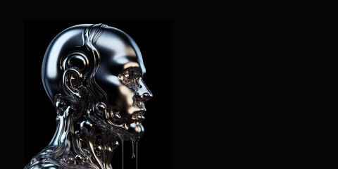 Melting Robot machine human chrome man terminator robot melting steel body skull face Artificial intelligence AI technology destruction concept poster banner render empty copy text space