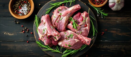A plate of raw meat seasoned with fresh herbs and spices, ready for cooking and grilling