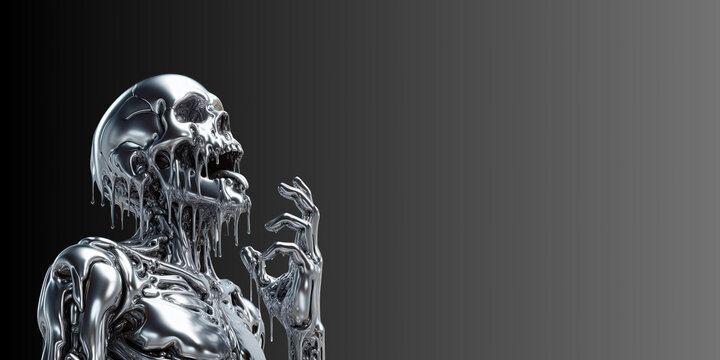 Melting Robot machine human chrome man terminator robot melting steel body skull face Artificial intelligence AI technology destruction concept poster banner render empty copy text space