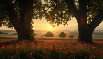 The warm golden light of sunset bathes a tranquil field of red poppies and lush trees in a serene and countryside scene