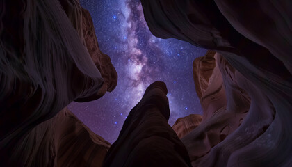 The Milky Way stretches across the night sky, visible through the dramatic and ancient rock formations of a canyon