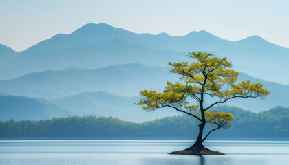 A single tree with vibrant foliage stands in calm waters against a backdrop of layered mountain silhouettes in a serene and tranquil landscape