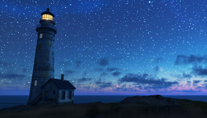 A lighthouse stands as a guiding beacon under a star-filled night sky, with the last hints of twilight on the horizon