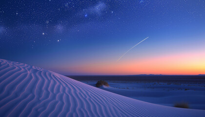 A serene desert landscape under a twilight sky transitions from a gradient of sunset hues to a star-studded night, featuring sand dunes and a lone shooting star
