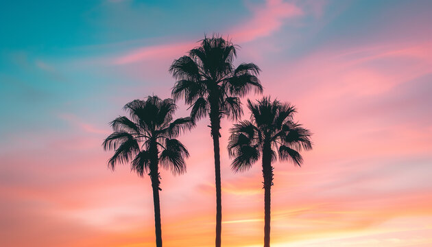 Three palm trees stand in silhouette against a vibrant pink and blue sunset sky