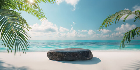 Empty black marble product display podium with sea and palm tree background. - obrazy, fototapety, plakaty