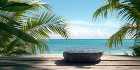 Empty black marble product display podium with sea and palm tree background.