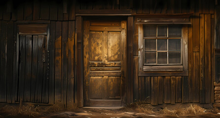 an old wooden house with an empty door - obrazy, fototapety, plakaty