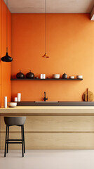 A minimalist kitchen with light wood cabinets, concrete countertops, and a splash of vibrant orange on the walls.