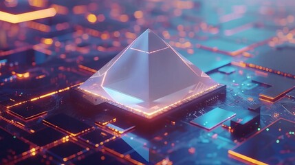 Transparent fuchsia pyramid-shaped chip, artificial intelligence CPU
