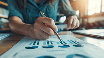 Close-up of a person reviewing a company chart - obrazy, fototapety, plakaty