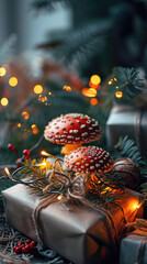 Natural Mushroom-Themed Christmas Decor with Lights and Gifts
