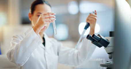 Science, results and woman with pipette, test tube and microscope for biotech solution in...