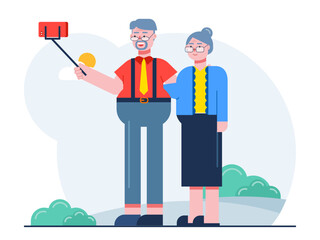 Aged couple taking selfies photo. Senior citizen vector illustration.