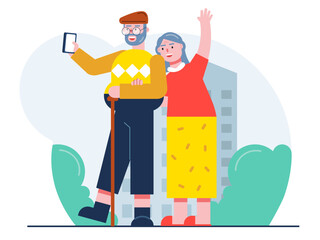 Aged couple taking selfies photo. Senior citizen vector illustration.