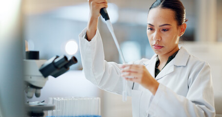 Science, results and woman with pipette, test tube and microscope for biotech solution in...