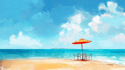 Table on seacoast beach. Illustration of paradise. Panorama