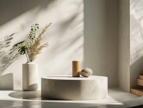 Elegant 3D Ceramic Podium with Soft-Lit Artistic Backdrop
