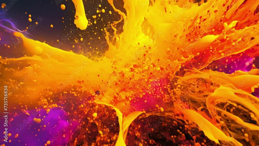 Poster neon yellow and orange splashes colliding and exploding in a dazzling abstract display.