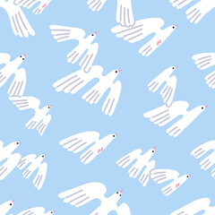 Birds flock flying, seamless pattern design. Endless background, texture, white doves soaring in sky. Repeating print, pigeons. Repeatable flat vector illustration for fabric, textile, wrapping