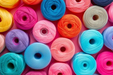 Colorful thread spools and buttons on pink background.