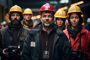 a group of people wearing hard hats and holding cameras - Powered by Adobe