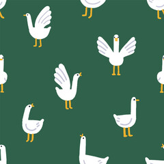 Plakaty  Cute geese, seamless pattern. Farm birds, funny goose, endless background, texture design. Repeating print, goslings, feathered animals. Kids flat vector illustration for fabric, textile, wrapping